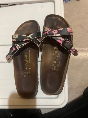 Papillio Black Floral Adjustable Buckle Sandals - Pink & White Flowers